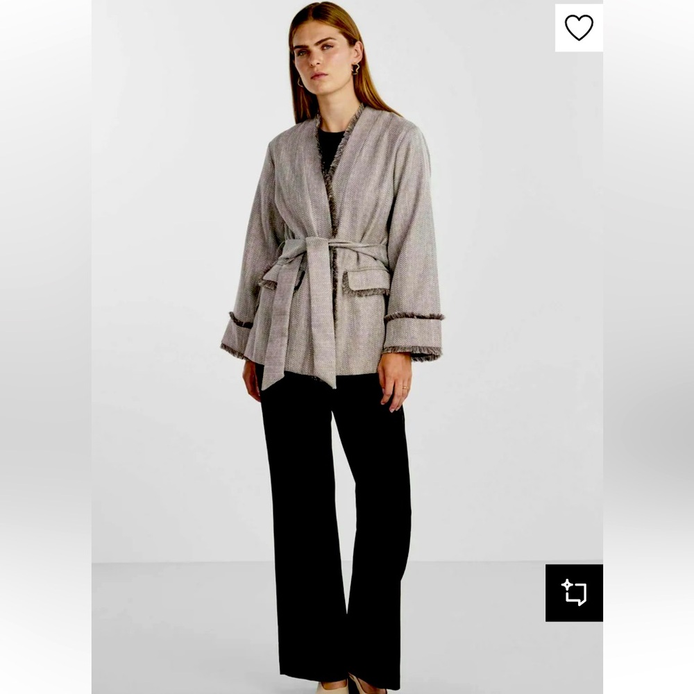 Y.A.S Belted Herringbone Blazer Jacket Oversized Tie Waist Neutral Chic Coat